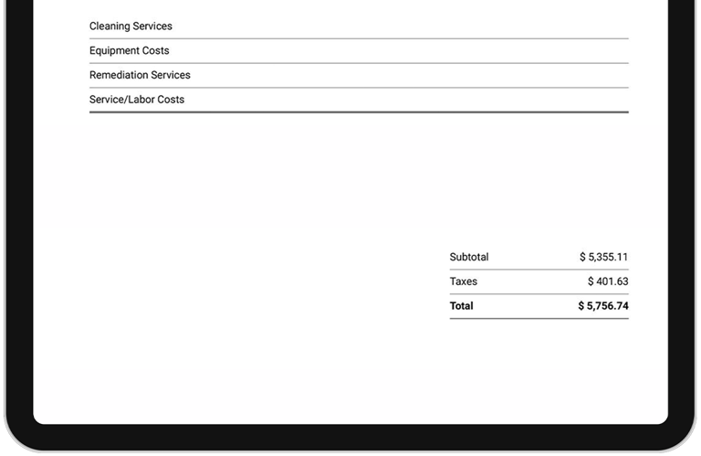 Restoration and Mitigation Estimate pdf of a water damage job with subtotal, taxes and total on an ipad screen