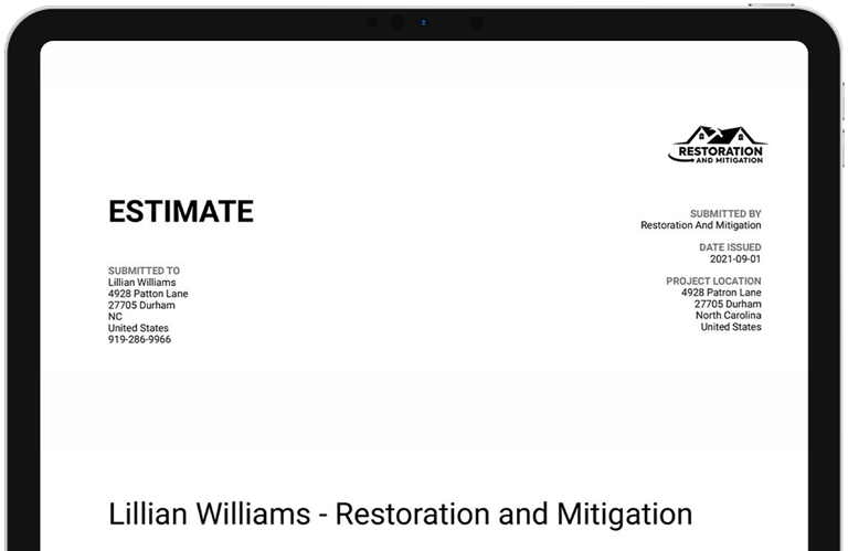 Restoration and Mitigation Estimate pdf of a water damage job with subtotal, taxes and total on an ipad screen