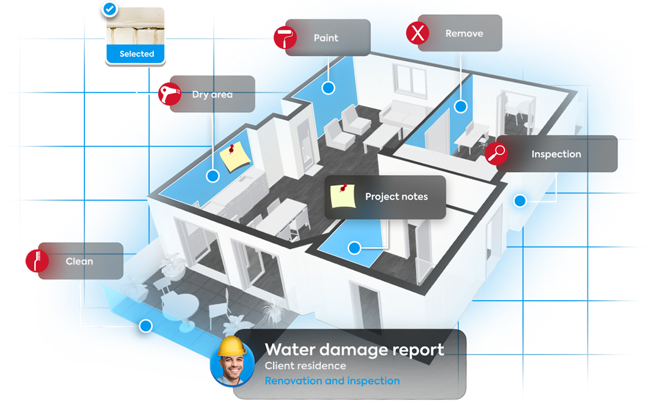 3D sketch with marks of the areas that need to be painted, removed, cleamed, dried, inspected, and project notes by a Restoration contractor on a water damage report project on a client residence