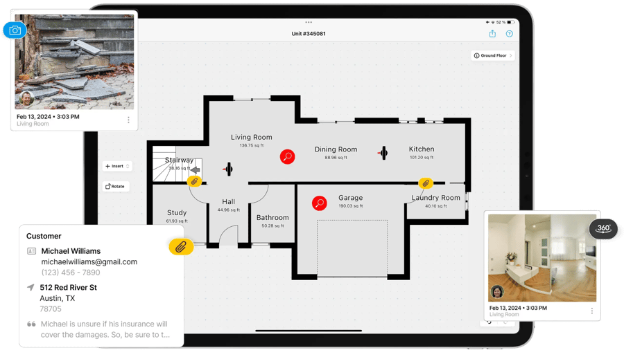 Inspection documentation on ipad with floor plan sketch, photos, 360, and annotations.