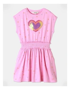 Shirred Waist Heart Sequin Dress in Pink