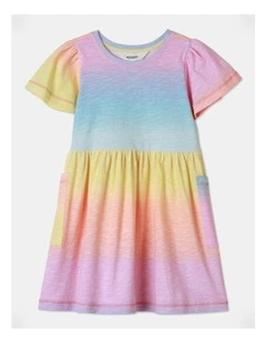 Fluted Sleeve Rainbow Patch Pocket Dress in Rainbow