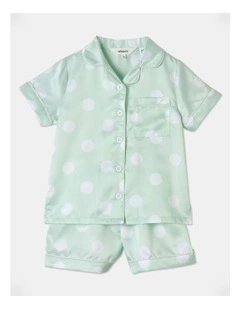 Polka dot Satin Short Sleeve Pyjama Set in Aquamarine