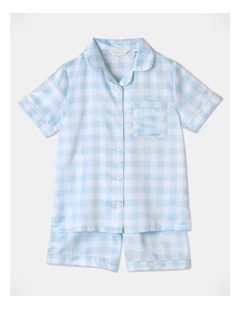 Satin Short Sleeve Check Pyjama Set in Light Blue