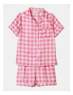 Satin Check Short Sleeve Pyjama Set in Light Pink