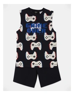 Game Over Muscle Tee and Short Pyjama Set in Dark Navy