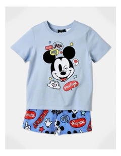 Textured Mickey Mouse Print Pyjama Set in Baby Blue