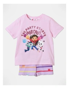 The Party Starts Meow Short Sleeve Pyjama Set in Pink