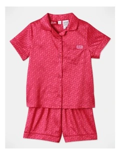 Barbie Satin Button Up Short Sleeve Pyjama Set in Hot Pink