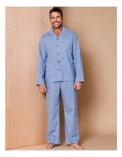 Long Sleeve Poplin Soft Wash Pyjama Set Geo in Blue