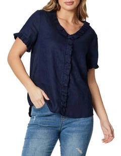 Tiffany Short Sleeve Linen Top Navy