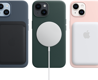 iPhone 14 MagSafe cases in Midnight, Forest Green and Chalk Pink with MagSafe accessories, wallet, charger and a battery pack.