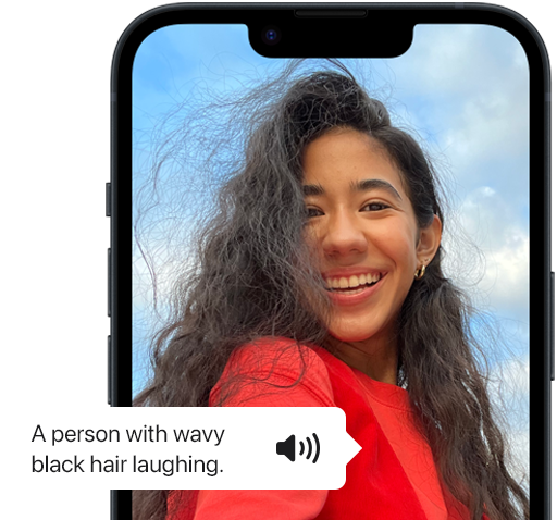 VoiceOver describing a photo of a person on iPhone.