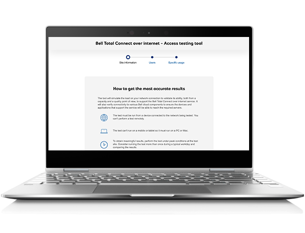 Laptop being used to assess an Internet connection with the access testing tool, which simulates the load on the network and validates its capacity.