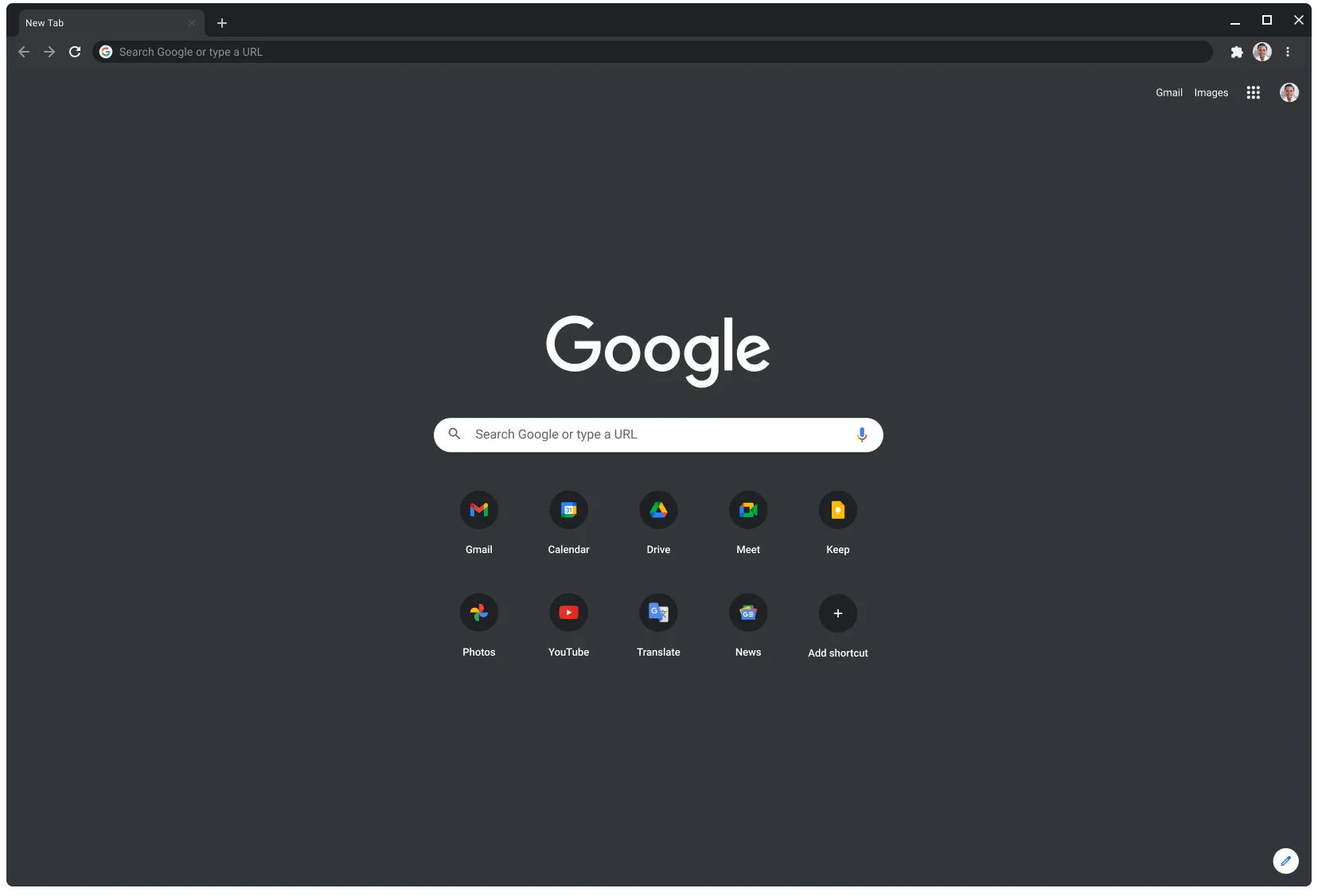 Chrome browser window in dark mode, displaying Google.com.