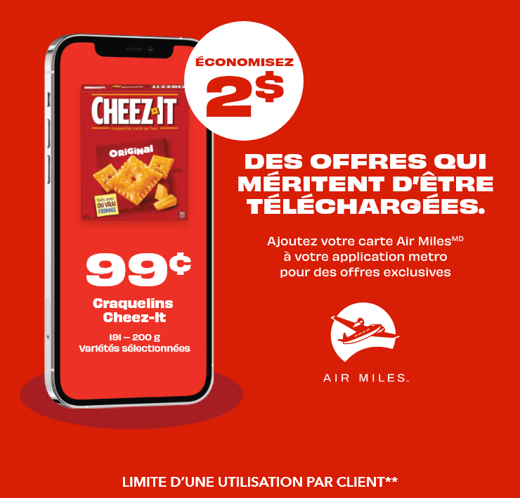 ÉCONOMISEZ 2$ - Craquelins Cheez-It 191–200 g, variétés sélectionnées, 99¢. LIMITE D'UNE UTILISATION PAR CLIENT.