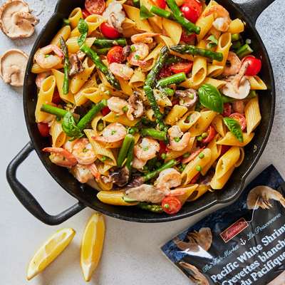 One pot shrimp & mushroom pasta primavera