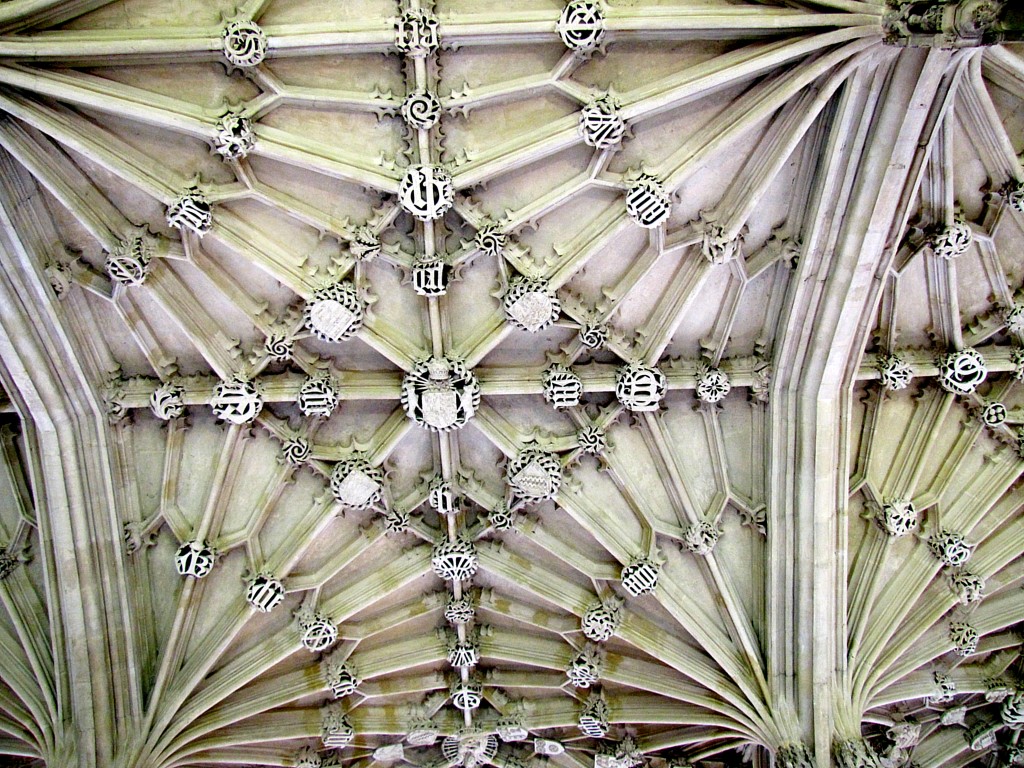 The ceiling of the hall is elaborately decorated with over 450 bosses, showing the coats of arms and initials of various patrons and important people in Oxford in the late 17th century when the ceiling was finished. This is just one section.