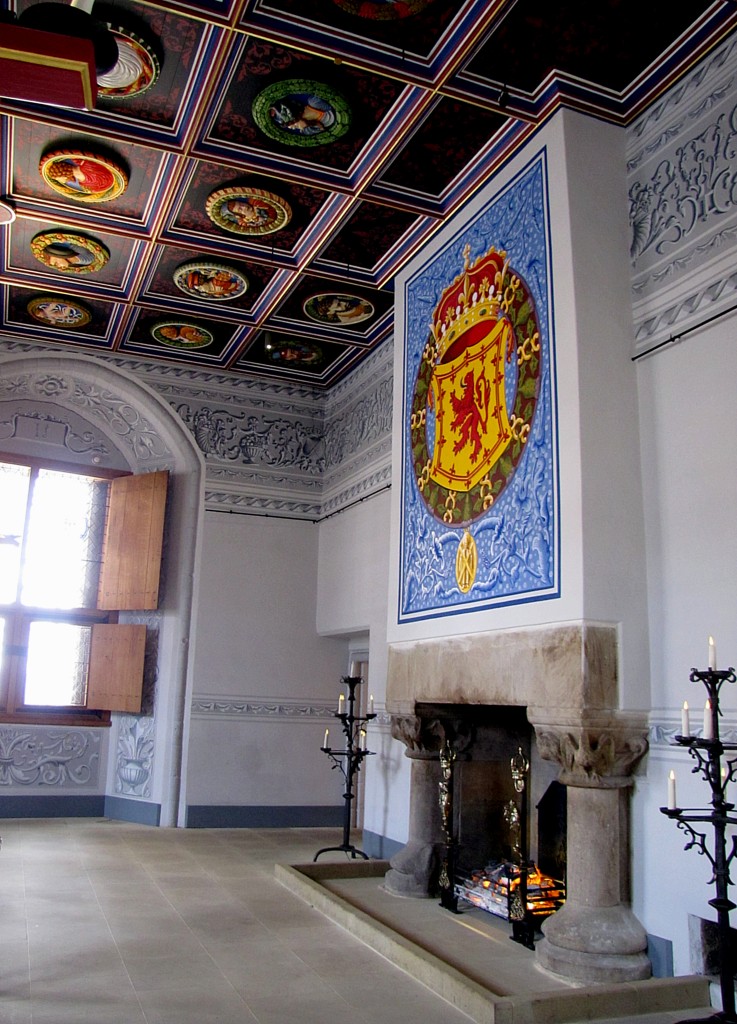 James IV built the palace for his queen, Margaret Tudor, the mother of Mary, Queen of Scots, and elder sister of Henry VIII. He died before ever visiting, which is why none of his furniture is here. This is the room where the king would have met important nobles. Note the colourful faces on the ceiling - they show all manner of people of the day.