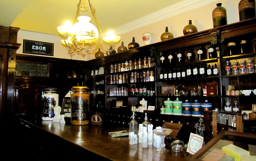 Some of the shops on the street are open, like this Victorian pharmacy. 