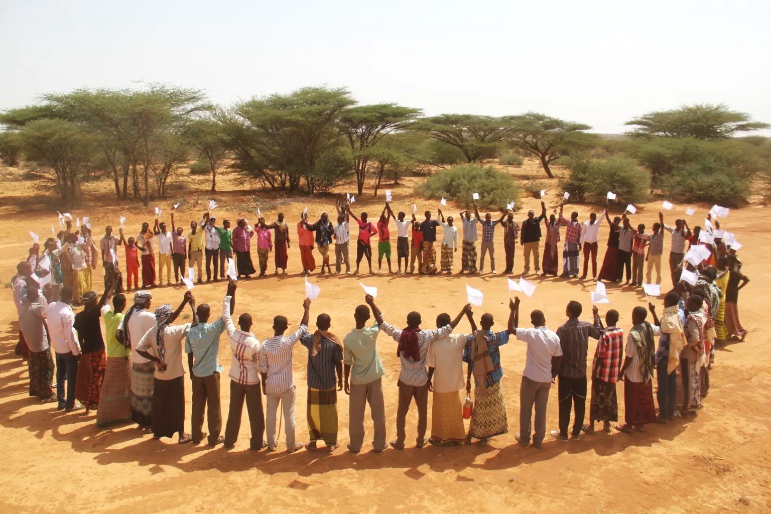 circle of people in Puntland raising white flags