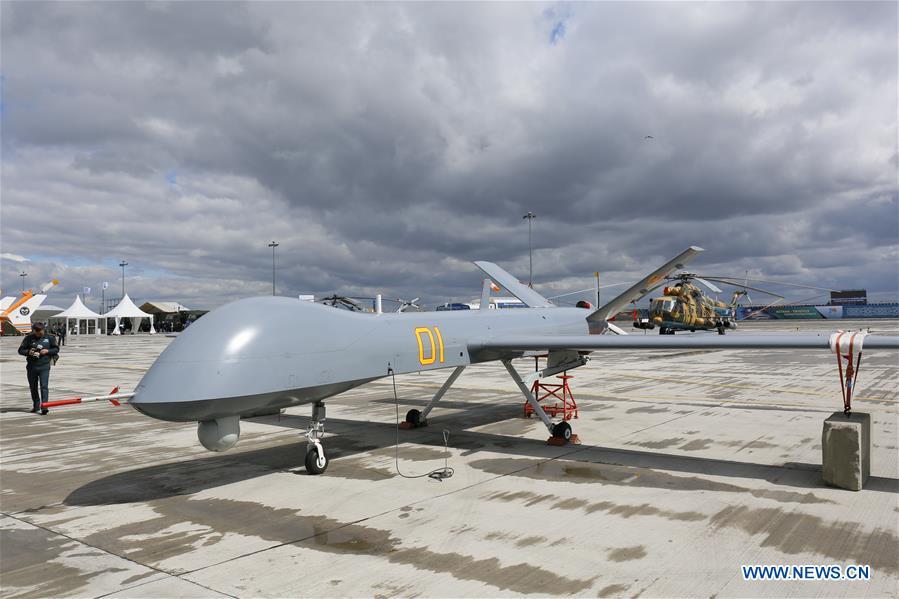 A Chinese-made military drone is displayed at the Kazakhstan Defense Exhibition in Astana, capital of Kazakhstan, May 23, 2018. Seven Chinese military trade companies took their best products to participate in the exhibition held in Kazakhstan from May 23 to 26. (Xinhua/Aibek Abilov)