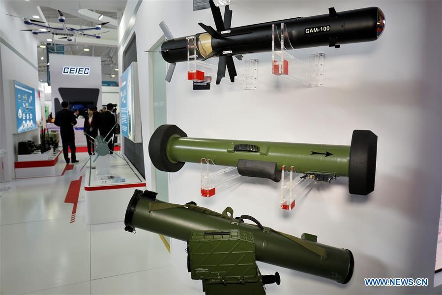 Military products of Chinese company Poly Technologies Inc. are displayed at the Kazakhstan Defense Exhibition in Astana, capital of Kazakhstan, May 23, 2018. Seven Chinese military trade companies took their best products to participate in the exhibition held in Kazakhstan from May 23 to 26. (Xinhua/Aibek Abilov)