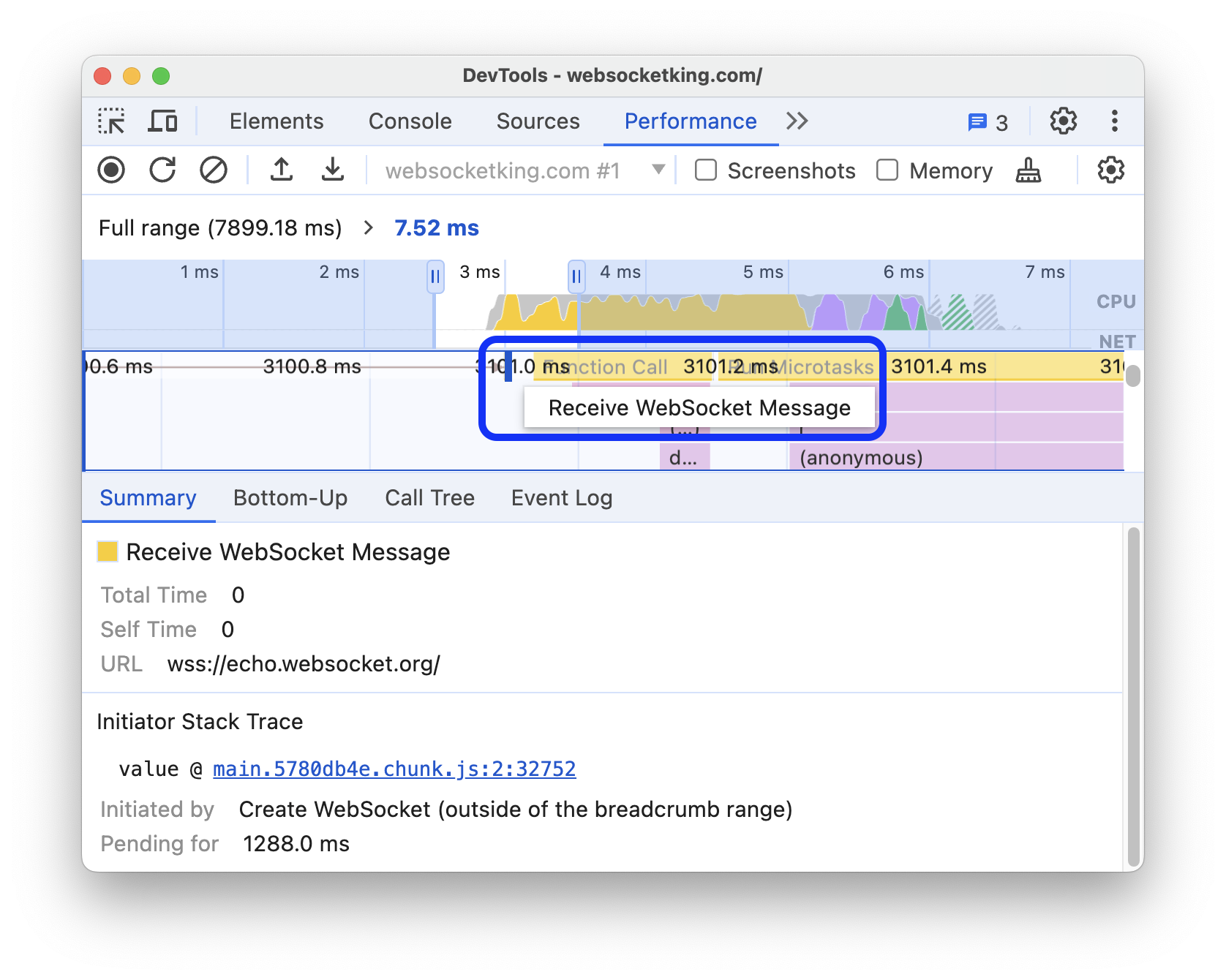 &#39;WebSocket 메시지 수신&#39; 성능 트레이스에서 캡처된 이벤트입니다.