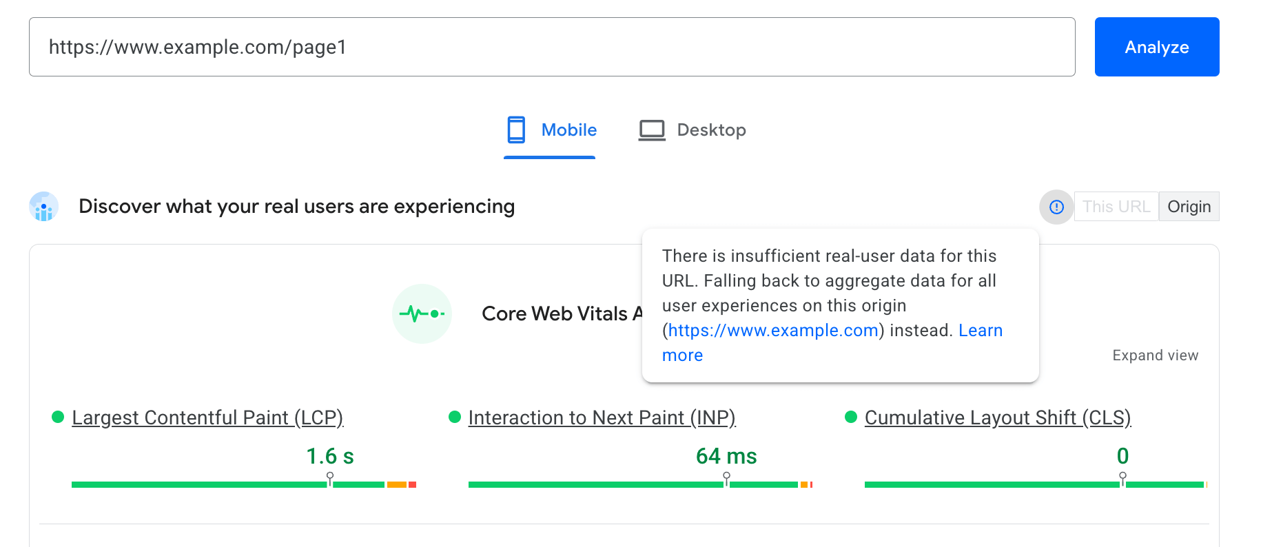 No se muestran datos de CrUX a nivel de URL en PageSpeed Insights, por lo que se muestran los datos de origen