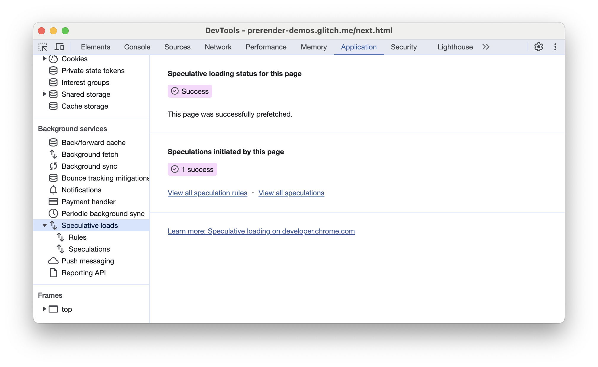 แท็บโหลดแบบคาดเดาของ Chrome DevTools ที่แสดงการดึงข้อมูลล่วงหน้าสำเร็จ