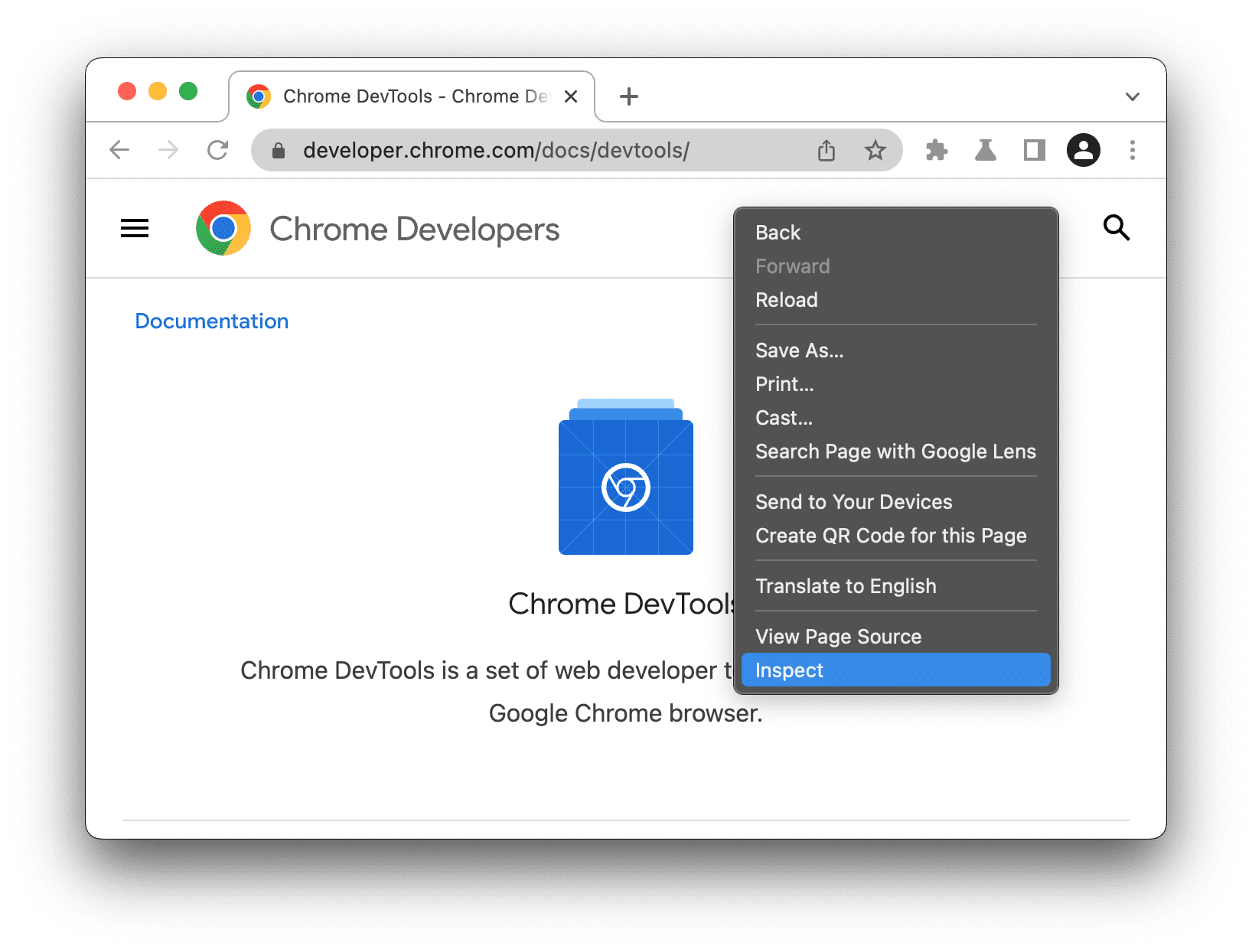 Option &quot;Inspecter&quot; dans un menu déroulant de Chrome.