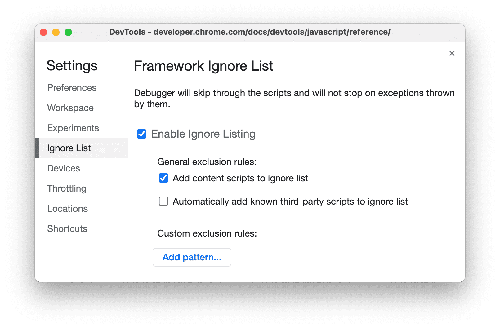 এক্সটেনশন কোড উপেক্ষা করার জন্য DevTools সেটিংস।