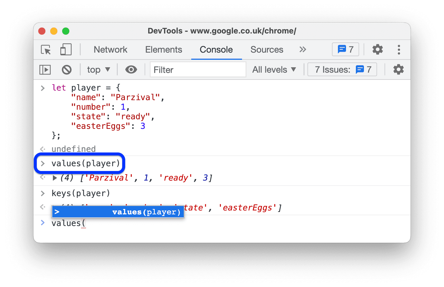 Menu drop-down pelengkapan otomatis dengan opsi perintah dari histori Konsol.