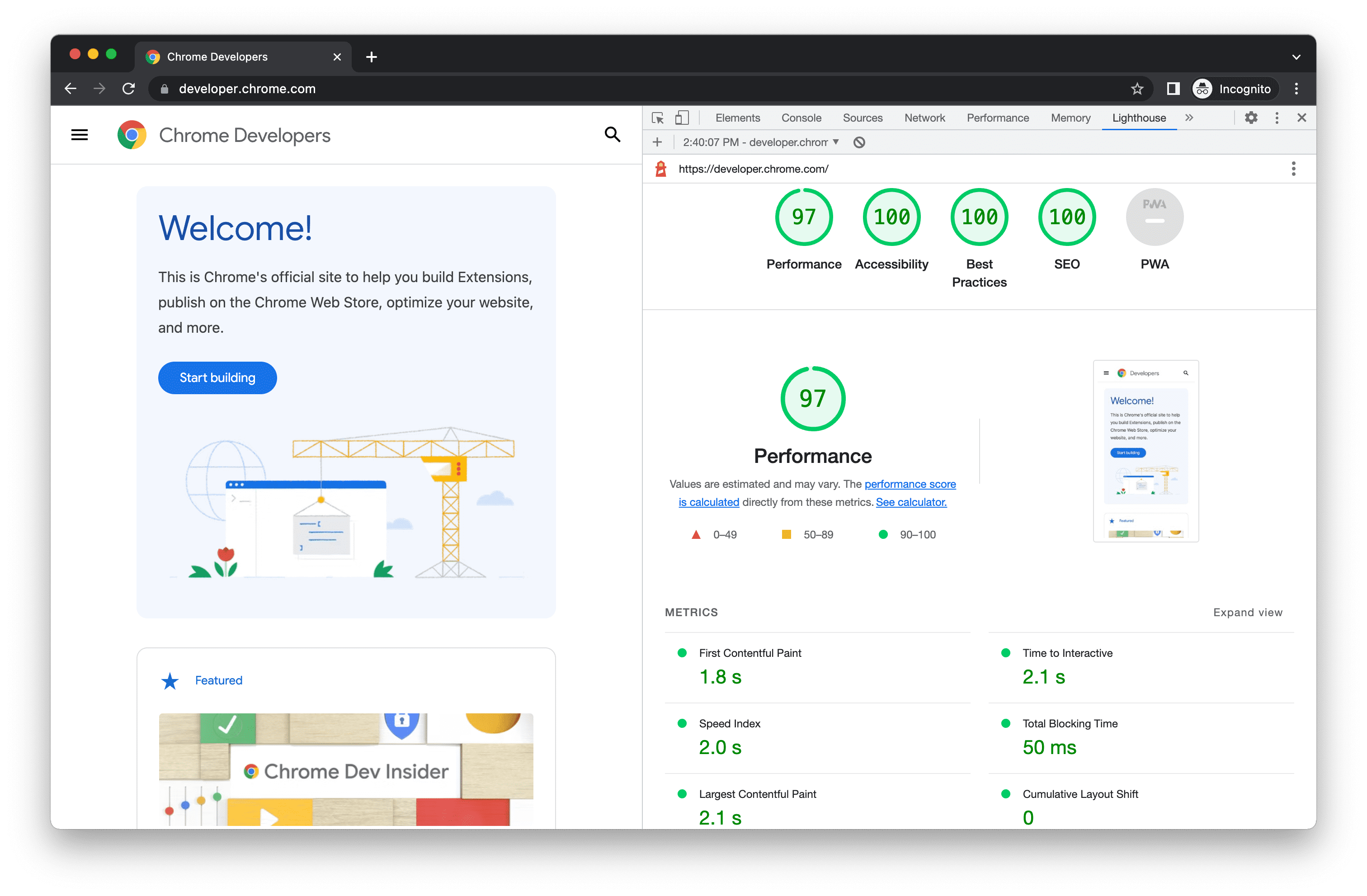 Chrome DevTools में लाइटहाउस रिपोर्ट