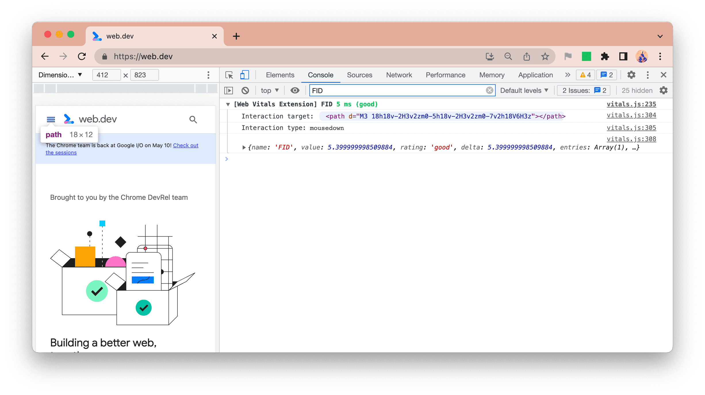 گزارش جدید کنسول Web Vitals Extension که هدف و نوع FID را نشان می دهد