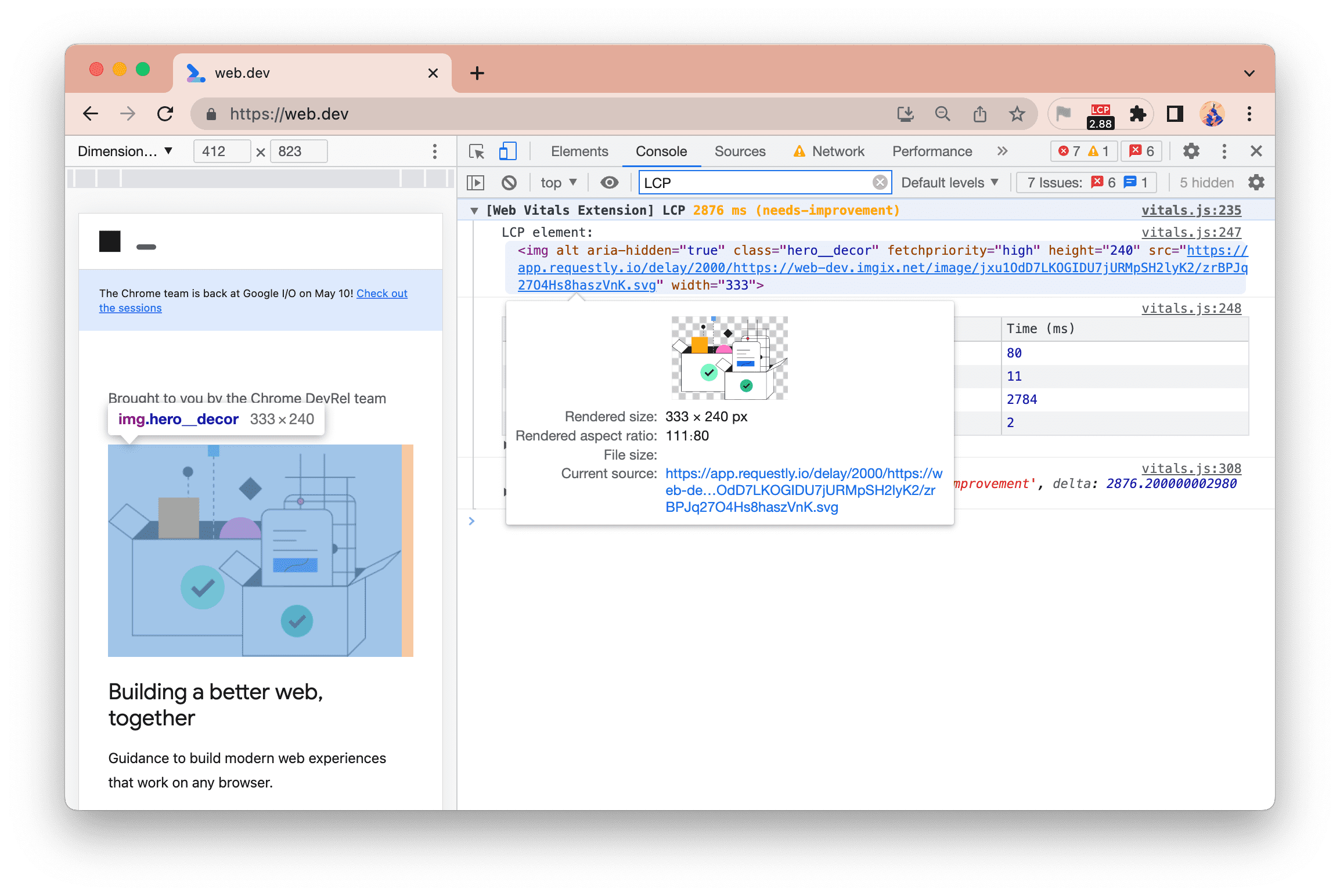 Web Vitals 拡張機能の新しいコンソール ロギングで、カーソルを合わせたときに要素のハイライト表示が保持される