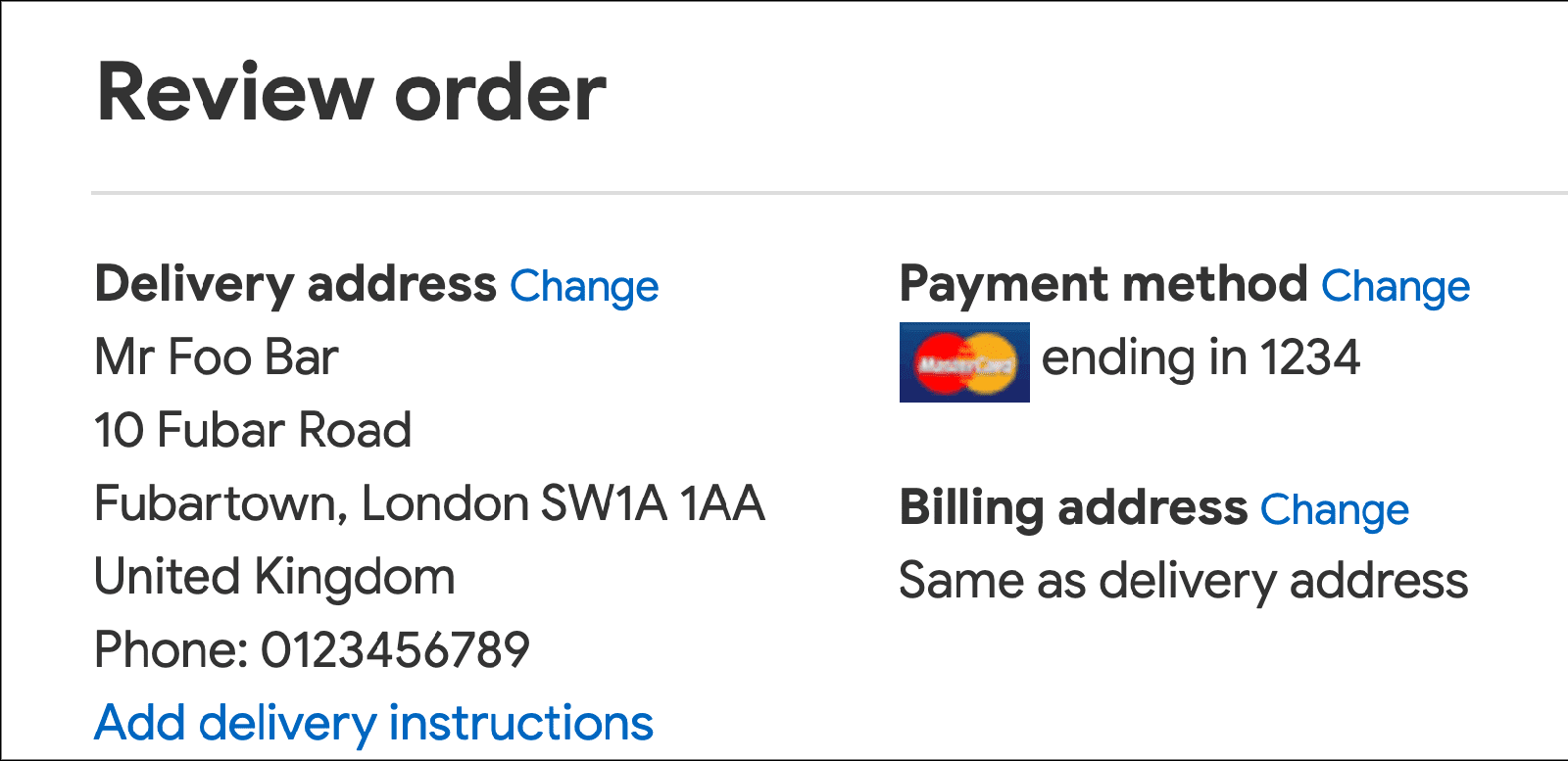 ภาพหน้าจอของส่วน &quot;ตรวจสอบคำสั่งซื้อ&quot; ของหน้าชำระเงินซึ่งแสดงข้อความธรรมดา พร้อมลิงก์สำหรับเปลี่ยนที่อยู่สำหรับจัดส่ง วิธีการชำระเงิน และที่อยู่สำหรับการเรียกเก็บเงินซึ่งไม่ได้แสดงอยู่