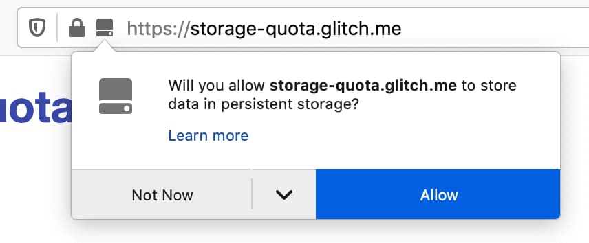 Pop-up yang ditampilkan oleh Firefox saat situs meminta penyimpanan persisten.