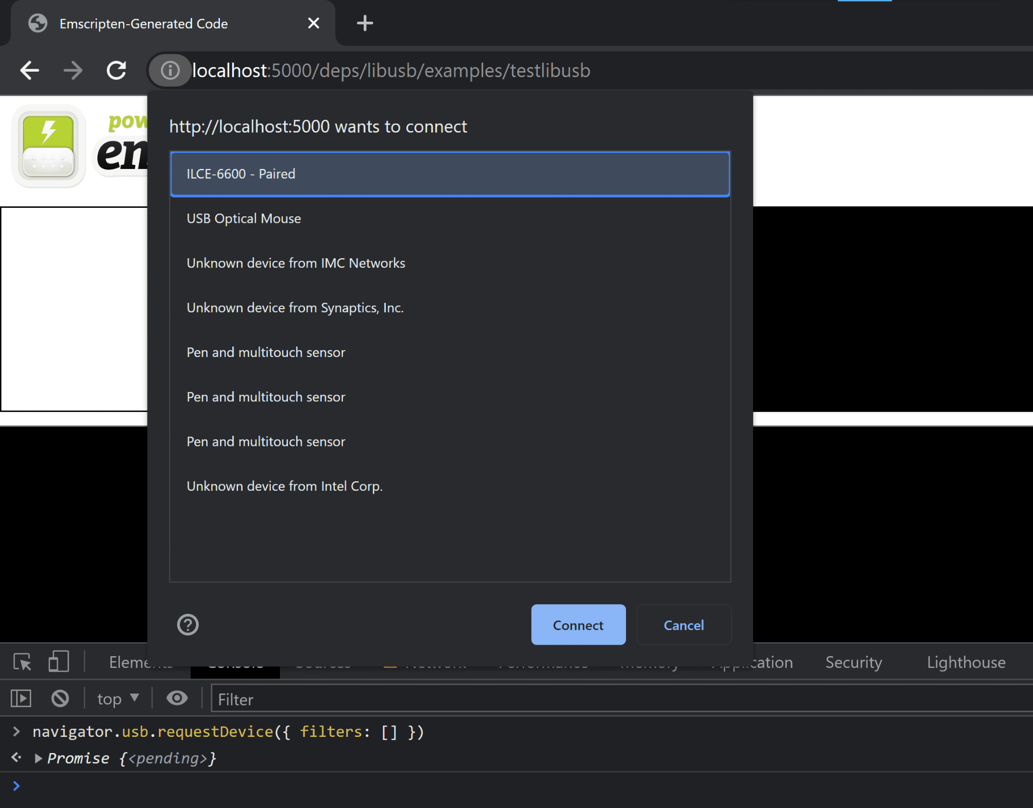 Screenshot eines Chrome-Fensters, in dem die Entwicklertools auf einer lokal bereitgestellten „testlibusb“-Seite geöffnet sind. Die Entwicklertools-Konsole wertet „navigator.usb.requestDevice({ filters: [] })“ aus, wodurch eine Berechtigungsaufforderung ausgelöst wurde und der Nutzer derzeit aufgefordert wird, ein USB-Gerät auszuwählen, das für die Seite freigegeben werden soll. Aktuell ist ILCE-6600 (eine Sony-Kamera) ausgewählt.