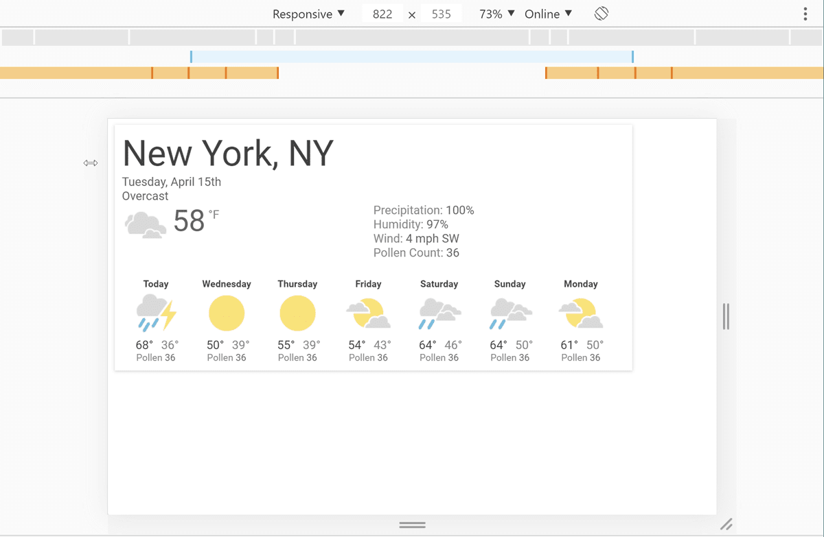 Screenshot di DevTools con la nostra app meteo aperta e una larghezza di 822 pixel selezionati.