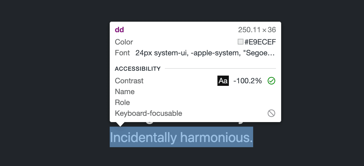 เคล็ดลับเครื่องมือการตรวจสอบองค์ประกอบ Devtools จะแสดง -100.2% สำหรับคะแนนคอนทราสต์ในองค์ประกอบ dd