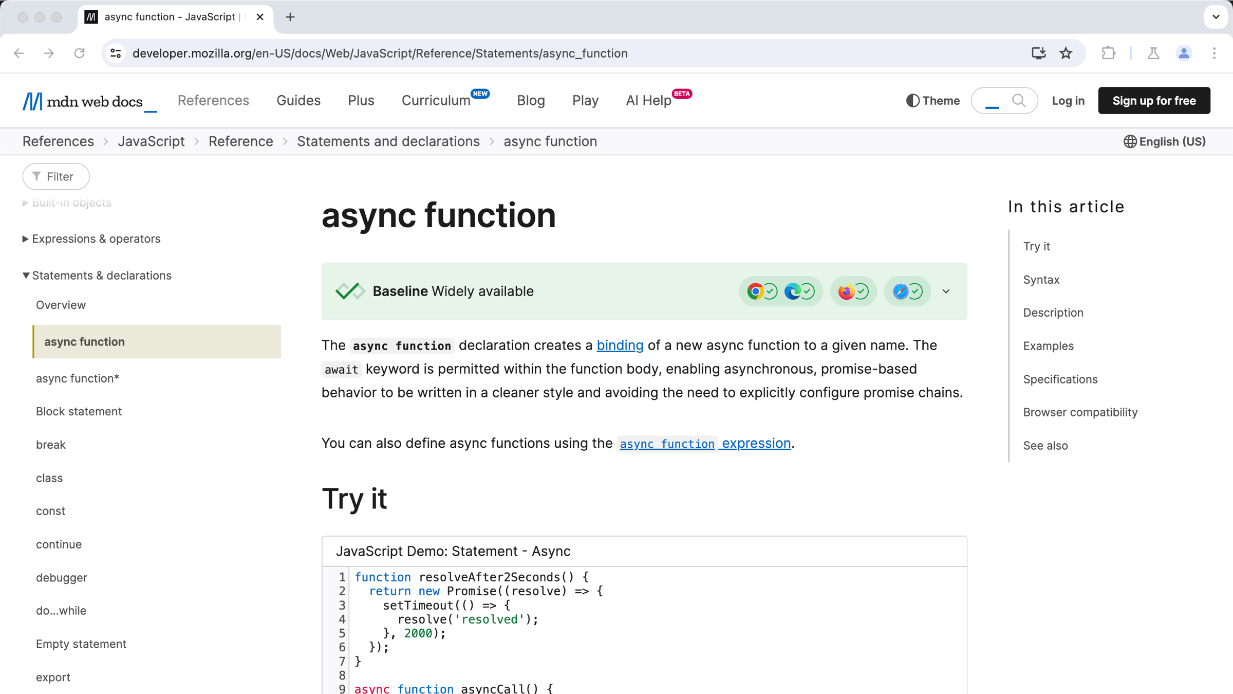 تصویری از صفحه برای عملکرد async در MDN. علامت سبز برای Baseline نشان می دهد که این ویژگی به طور گسترده در دسترس است.