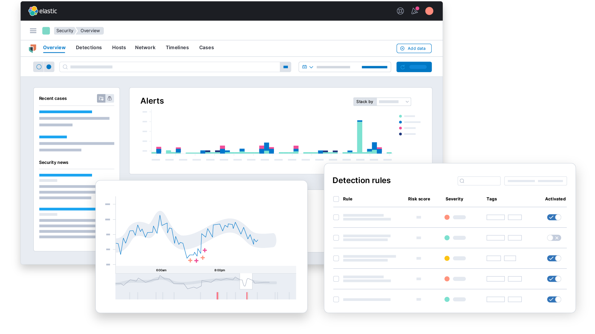 Elastic Security for SIEM, with SOC dashboard, AI and ML analytics, and detection rules