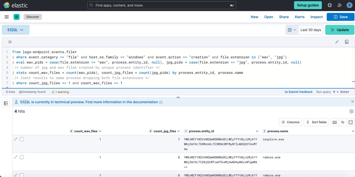 ES|QL hunts for unique processes dropping image and audio files