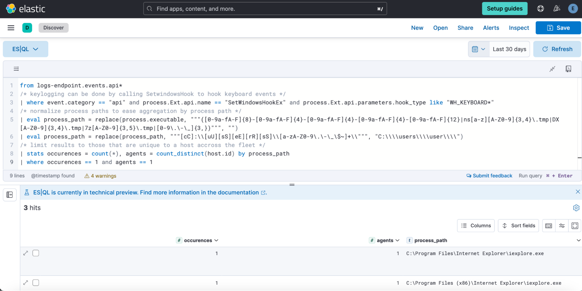 ES|QL hunt for rare processes calling SetWindowsHoook to hook keyboard events