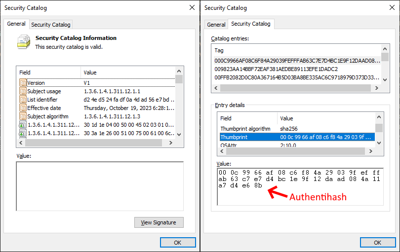 A security catalog rendered through Windows Explorer