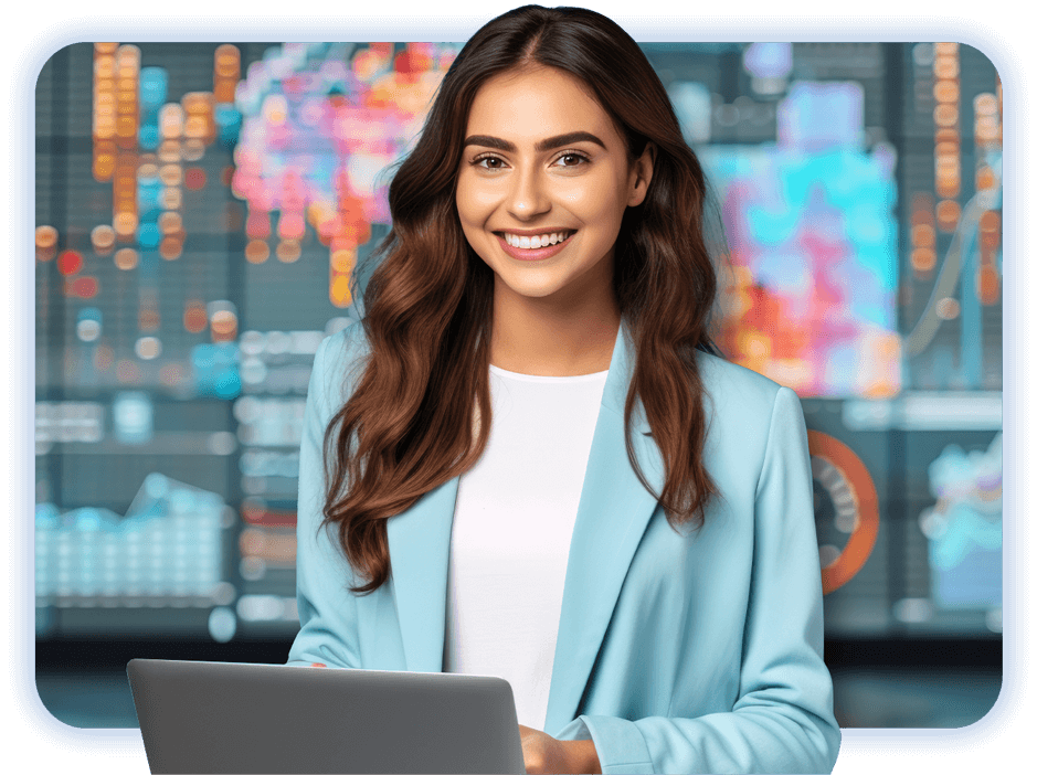 Woman smiling and typing on laptop