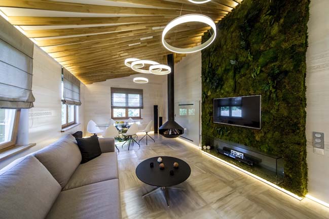 Living room interior with glass and green wall