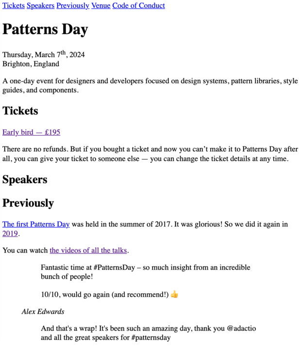 A screenshot of an unstyled web page for Patterns Day.