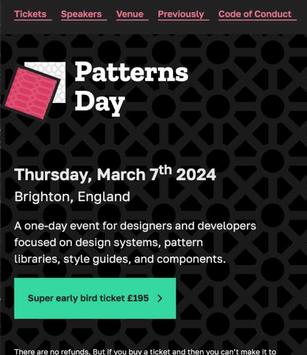 A screenshot of the web page for Patterns Day with the logo in place.